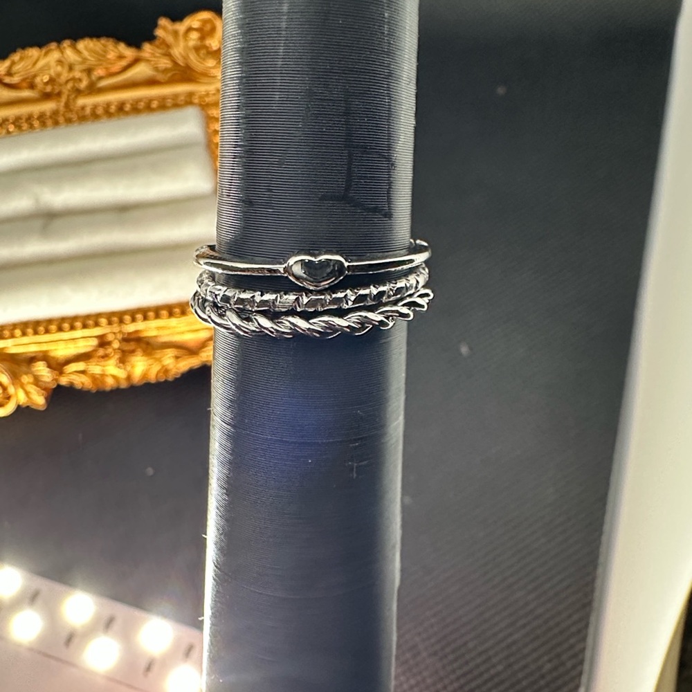Set of Three Silver Stackable Rings with Heart Accent Size 7